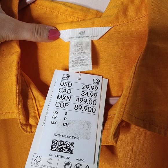 NWT Linen Cotton Button Down shirt, orange, bright, with collar - Picture 5 of 5